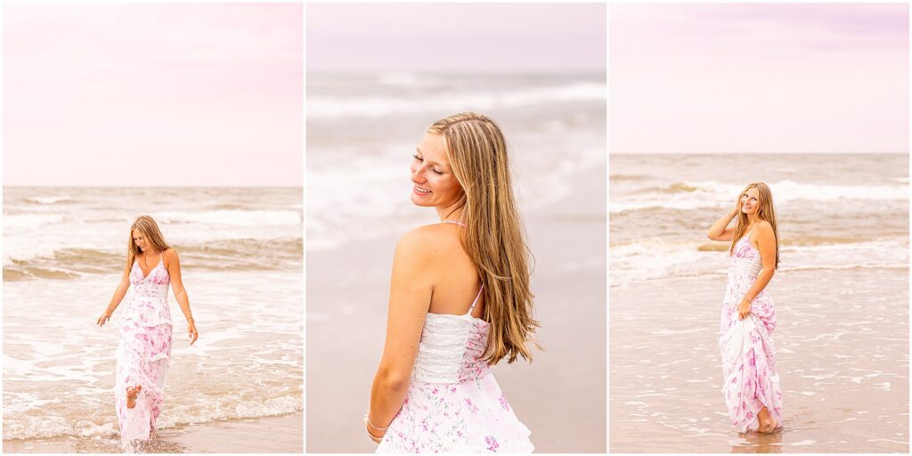 Charleston beach senior session featuring a graduate enjoying the shoreline at Isle of Palms