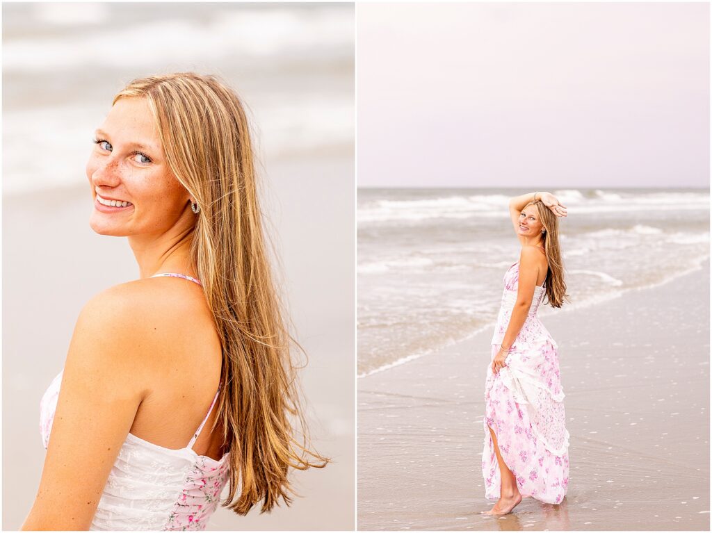 Senior portraits on Isle of Palms with soft sand, ocean breeze, and glowing evening light