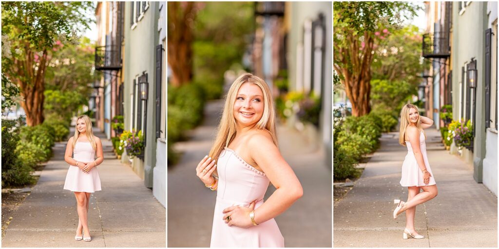 High school senior posing on Rainbow Row during a destination senior photography session in Charleston, South Carolina.