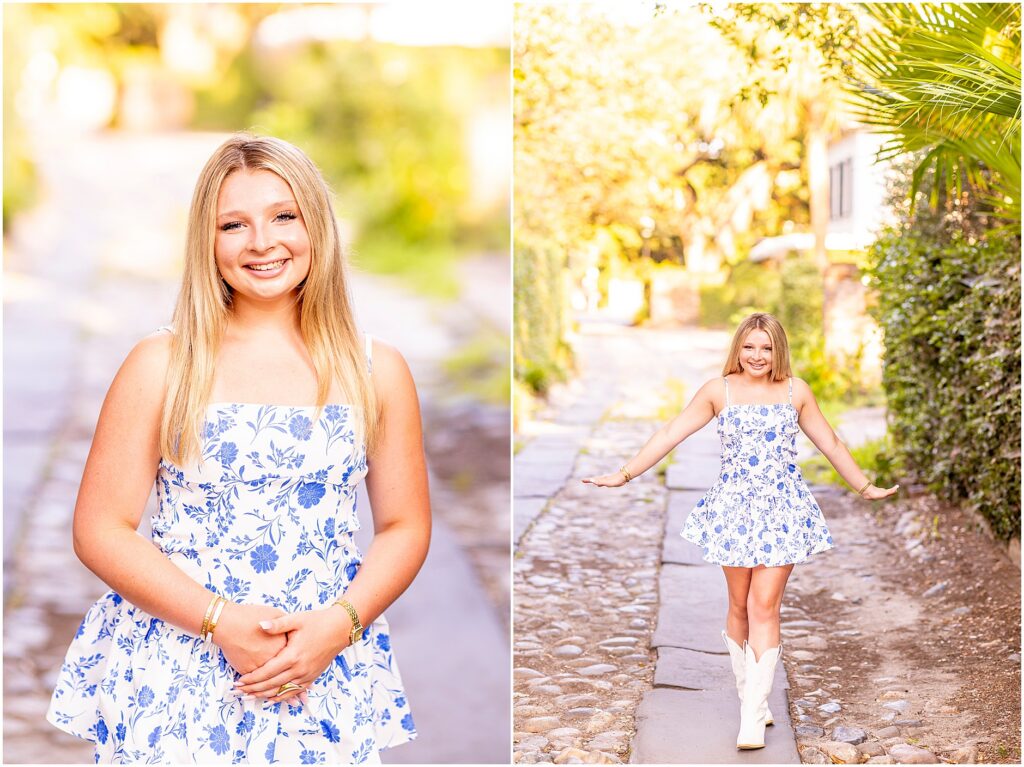 Senior photos captured in downtown Charleston featuring Rainbow Row and historic homes.