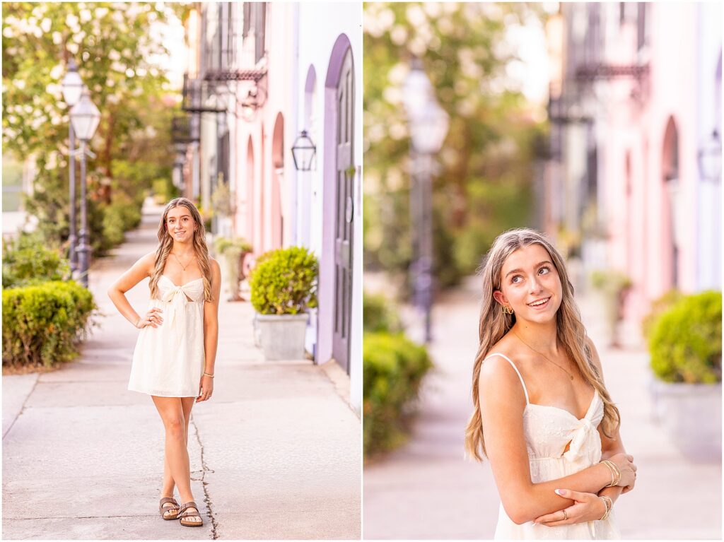 Charleston senior photographer capturing destination senior photos at historic Rainbow Row in downtown Charleston.