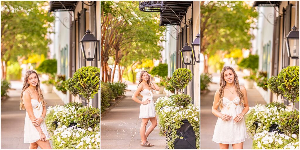 Destination senior photos captured by a Charleston senior photographer on iconic Rainbow Row.