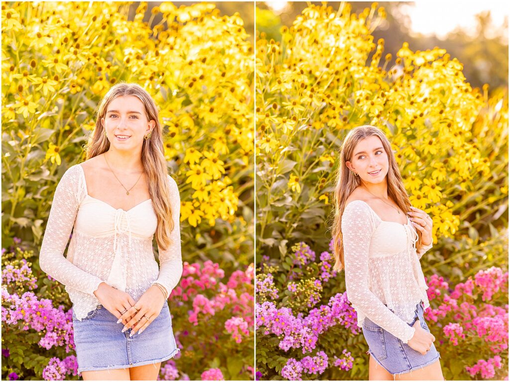 Charleston senior photographer photographing a high school senior among Hampton Park's colorful flowers.