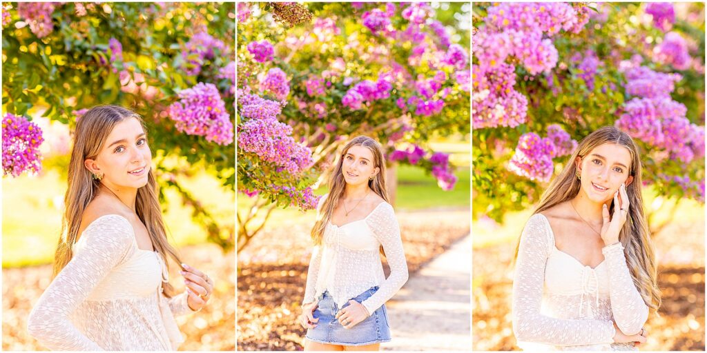 Destination senior photos featuring colorful gardens and historic oak trees at Hampton Park in Charleston.