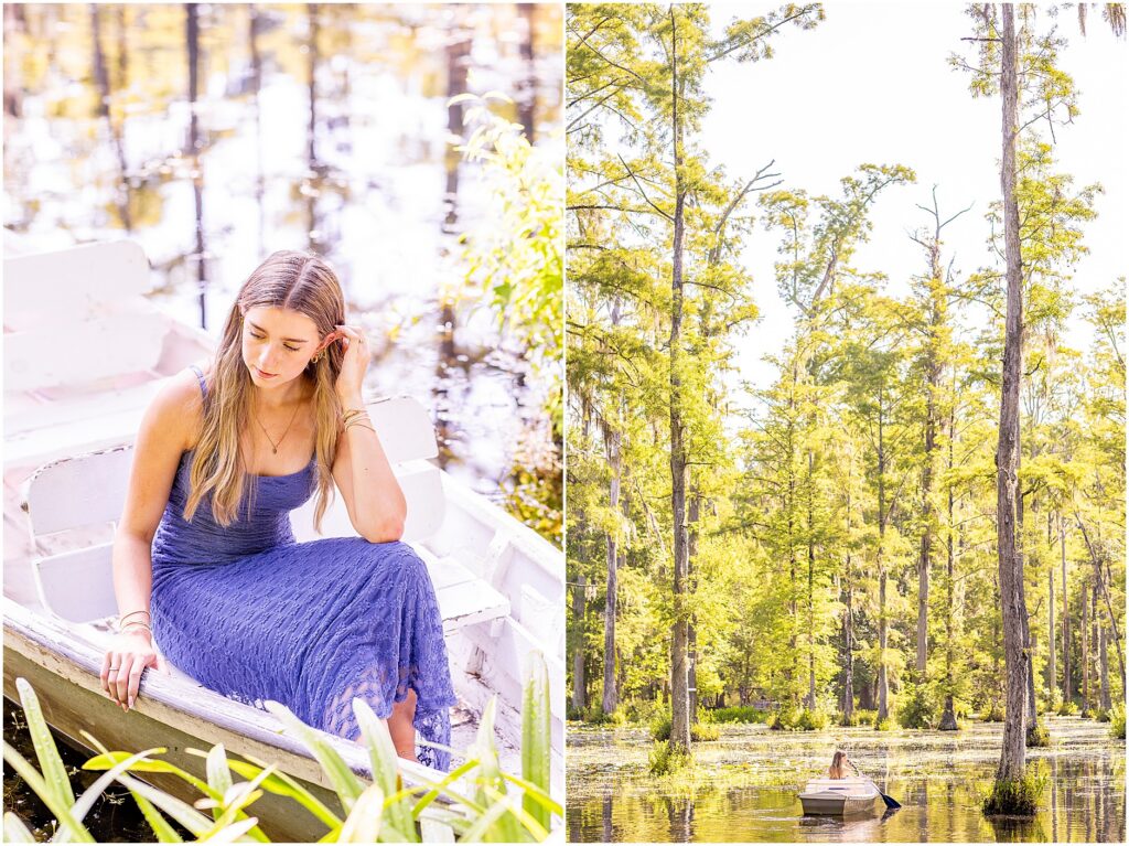 High school senior portraits beneath moss-draped trees at Cypress Gardens during a Charleston senior session.