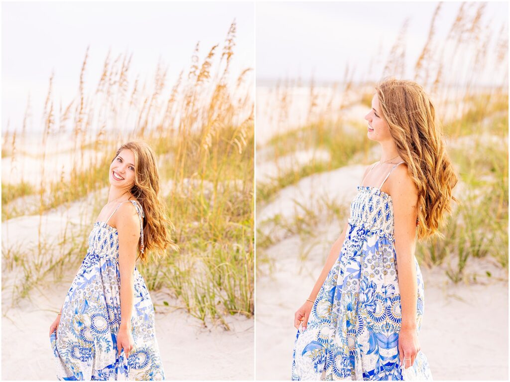 Charleston senior photographer capturing Ashley’s natural senior portraits along the shoreline at Isle of Palms