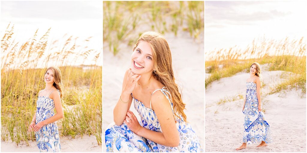 Senior photos featuring a high school senior walking along Isle of Palms Beach with the ocean behind her at sunset