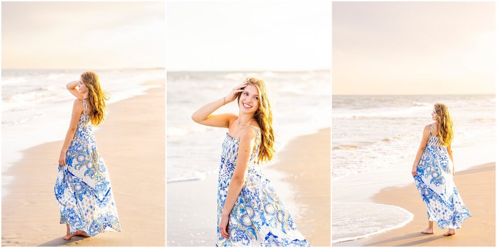 Charleston senior photography featuring a high school senior posing beside the ocean during a beautiful Isle of Palms sunset