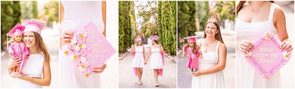Charleston senior portraits of twin sisters holding their childhood American Girl Dolls while wearing pink graduation caps and gowns in St. Michael’s Alley