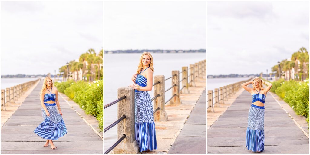 Senior celebrating graduation at The Battery with historic mansions and waterfront views in Charleston