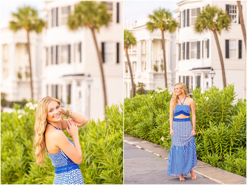Downtown Charleston senior session at The Battery featuring a graduate in a white and blue two-piece set