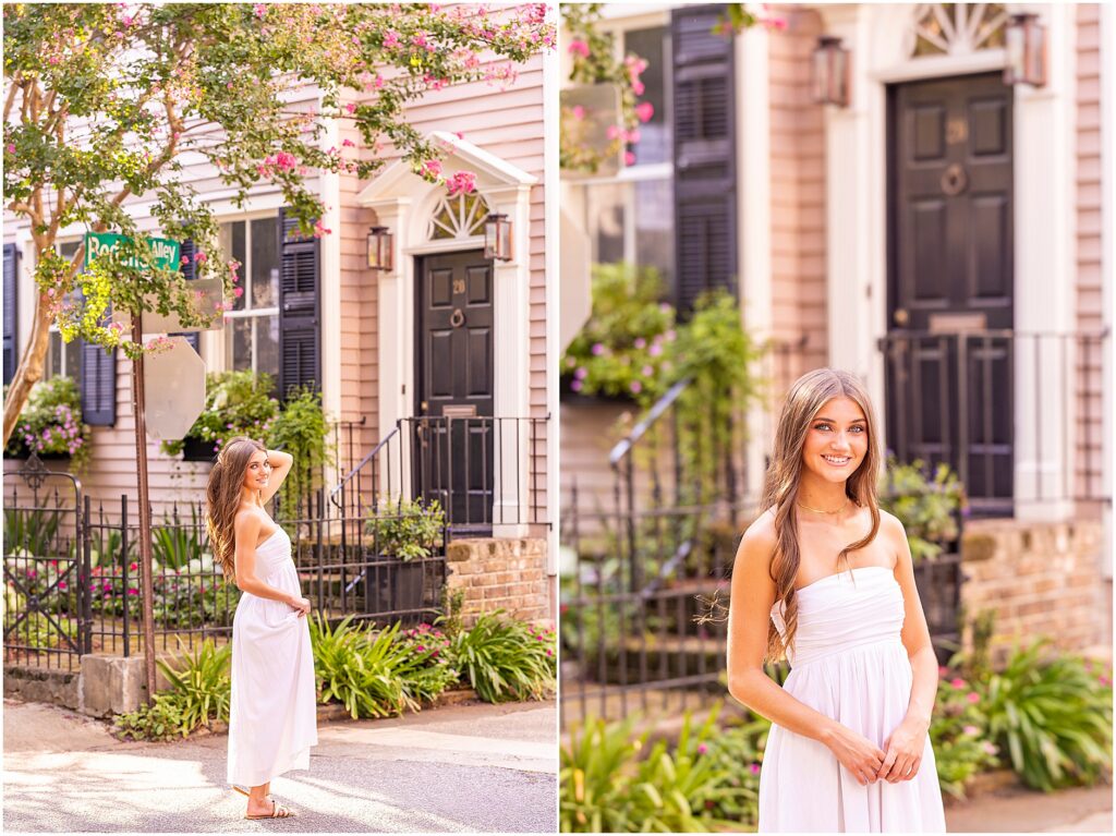 High school senior walking through the historic South of Broad neighborhood during a Charleston senior photography session