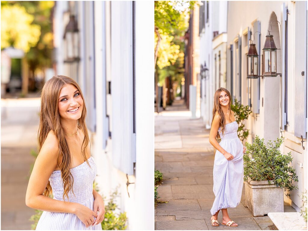 Senior photos featuring a high school senior exploring the beautiful residential streets of Charleston’s South of Broad neighborhood