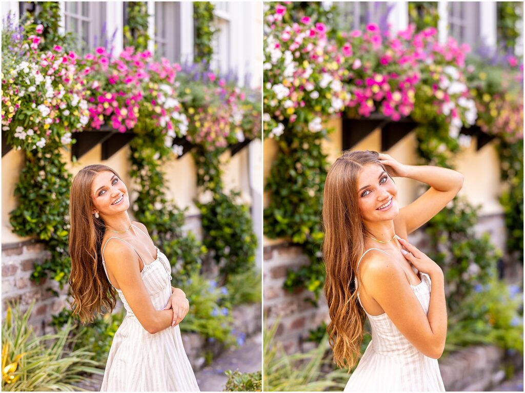 Charleston senior photographer capturing a joyful senior portrait along a sunlit cobblestone street in Charleston’s historic district