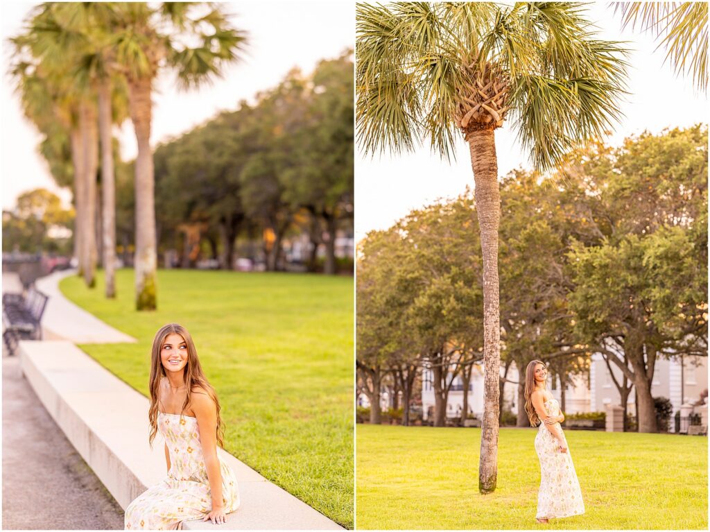 High school senior enjoying the coastal views at Waterfront Park during her downtown Charleston senior session