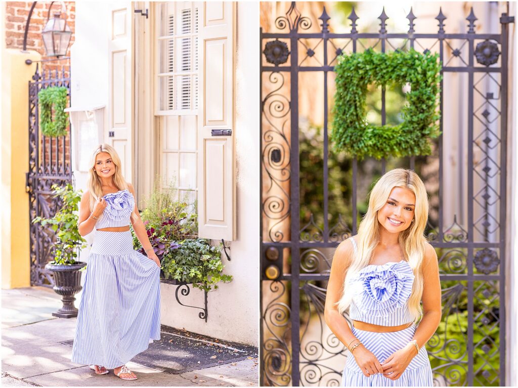 Colorful and vibrant Charleston senior photography featuring a blue and white striped dress on Rainbow Row