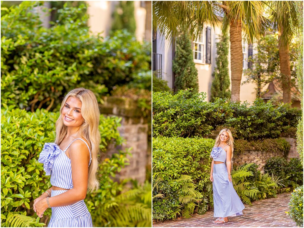 Charleston senior photos of a girl in a blue and white striped dress with warm golden-hour sunlight