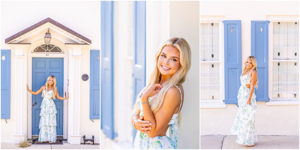 Senior girl walking through the colorful streets of South of Broad in a blue and green floral dress