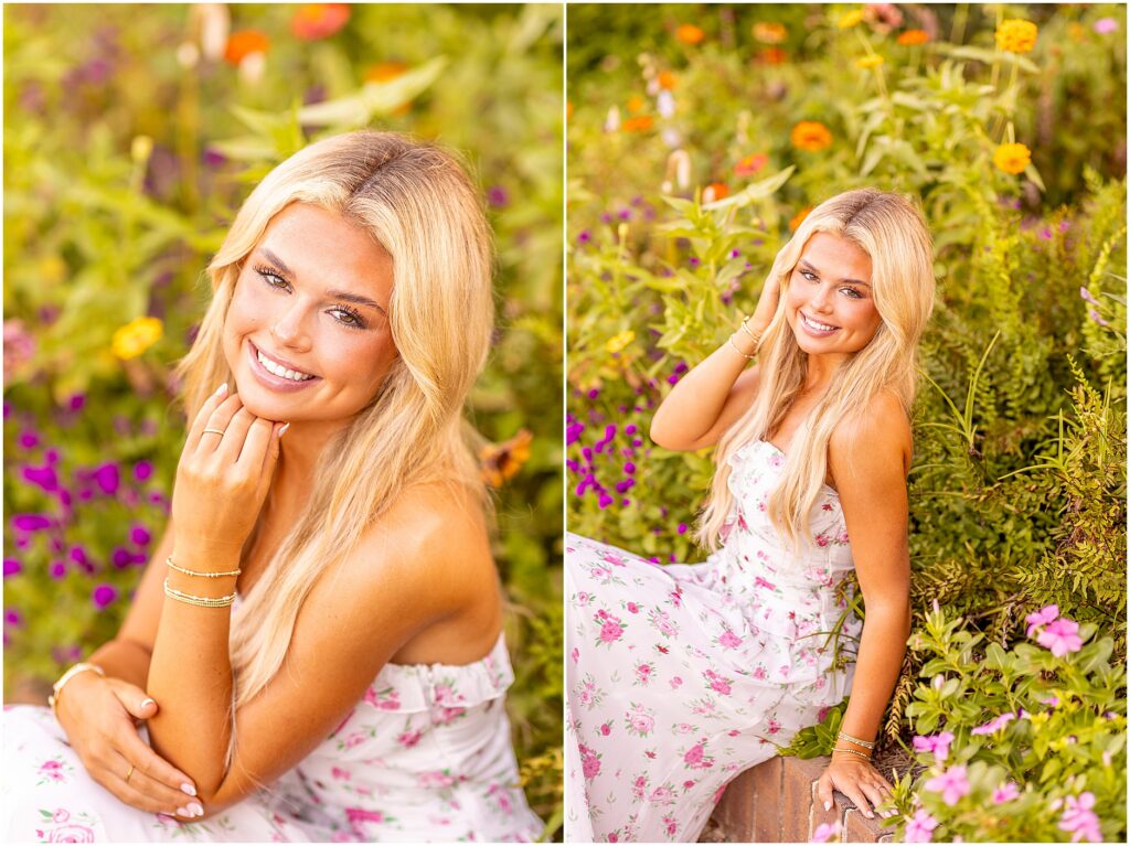 Senior girl among blooming flowers at Hampton Park during golden hour in Charleston South Carolina