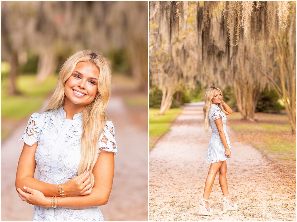 Vibrant Charleston senior photography featuring a light blue dress, Spanish moss, and lush Hampton Park greenery