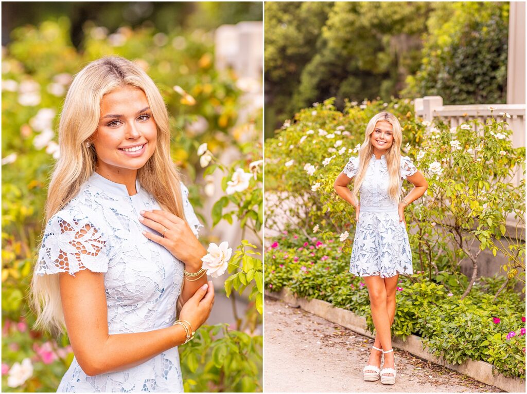 Dreamy Charleston senior portrait of a girl in a light blue dress beneath Spanish moss at Hampton Park