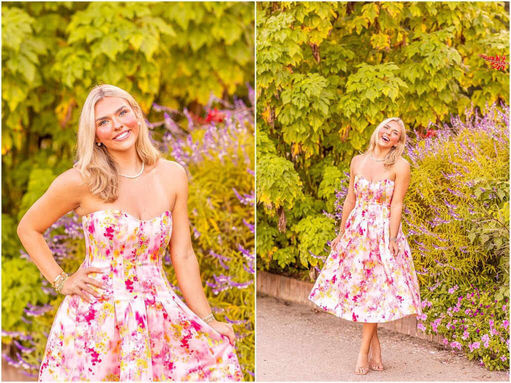 Charleston senior portrait of Makenzie in a vibrant pink colorful dress surrounded by the gardens of Hampton Park