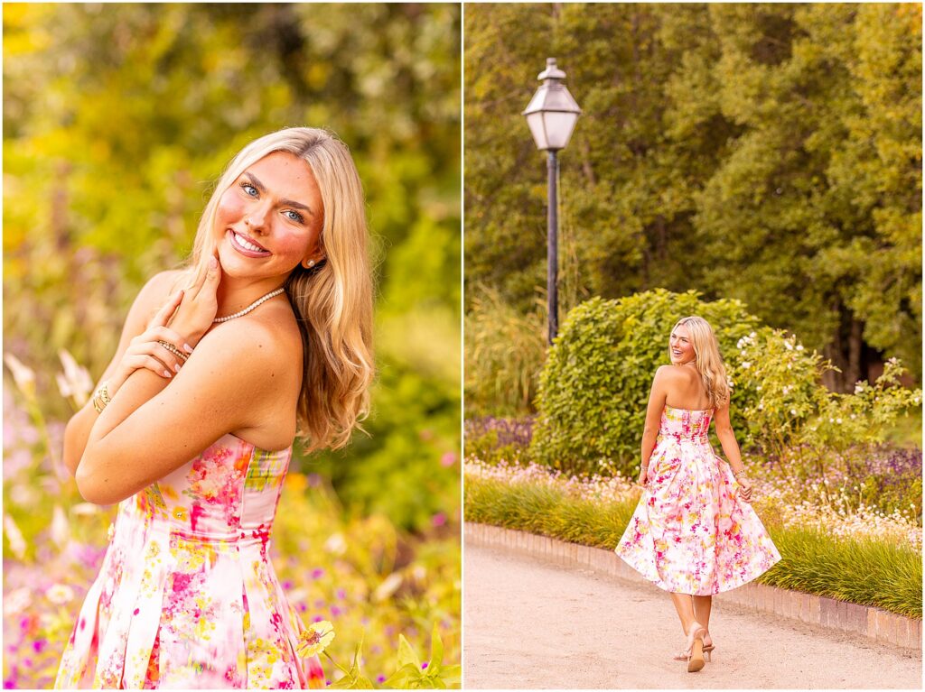 Vibrant senior portraits of Makenzie in a bright pink dress among the lush gardens of Hampton Park