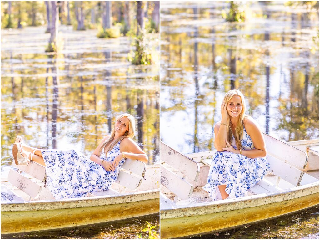 Florida senior enjoying warm morning light during her Charleston senior portraits on the water
