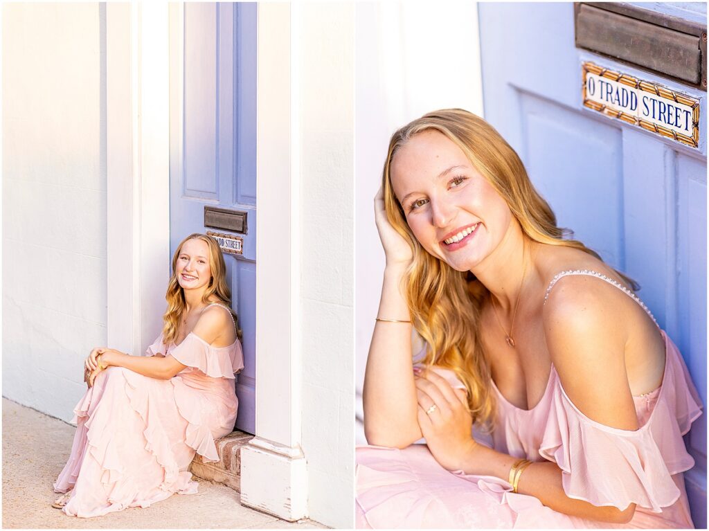 Charleston senior photography featuring a California senior in a pink dress along the historic streets of Rainbow Row