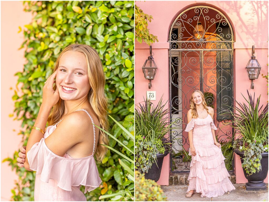 Vibrant Charleston senior portrait of Ellie in a pink dress with colorful Rainbow Row architecture in the background