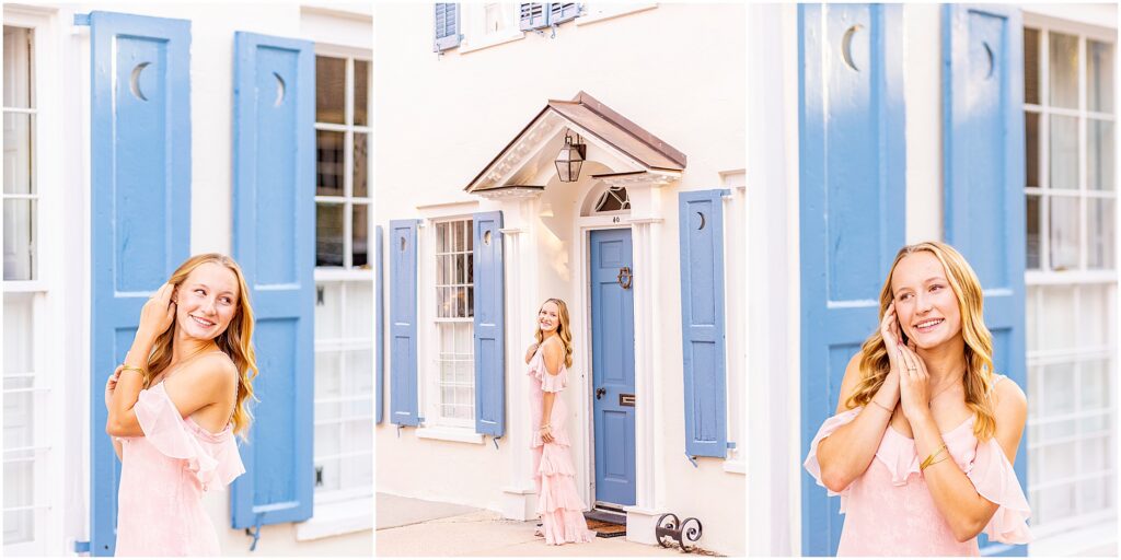 Charleston SC senior photography of Ellie in a romantic pink dress exploring the colorful streets of Rainbow Row