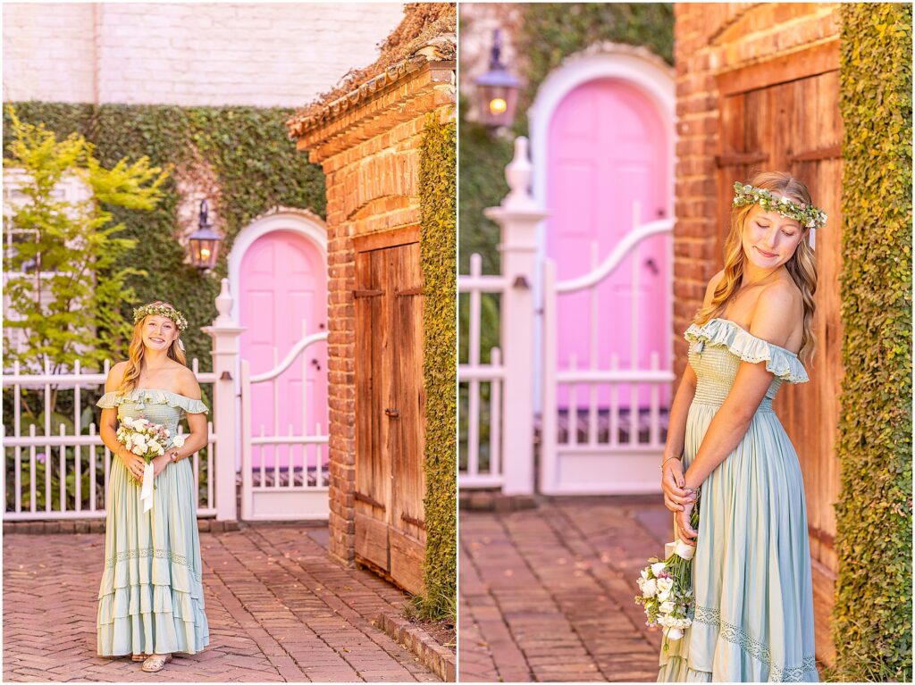 Angelic Charleston senior portrait featuring a girl in a green dress and floral crown in South of Broad