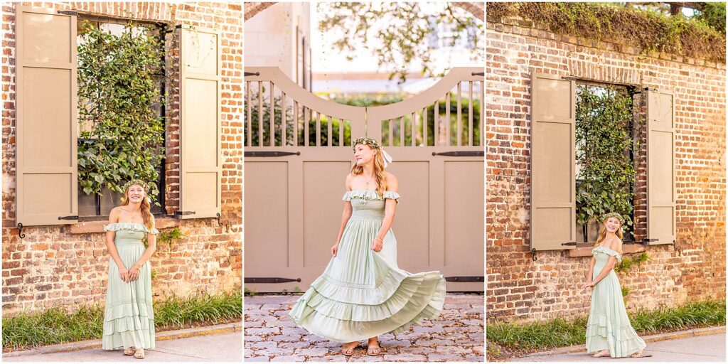 Charleston senior photography featuring a California senior in a whimsical green dress and flower crown