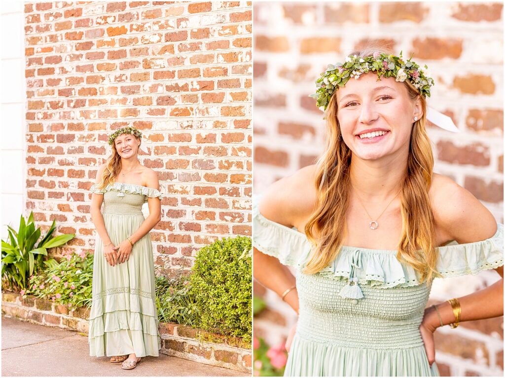 California senior posing in a green dress with garden-inspired flower crown details in Charleston